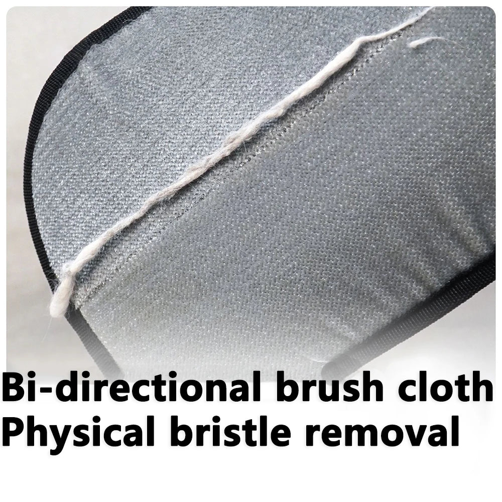 Bi-directional brush cloth with text indicating physical bristle removal on a light background