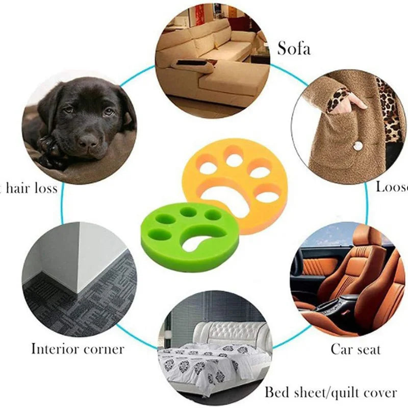 Dog hair removal tool with various application scenarios on a white background