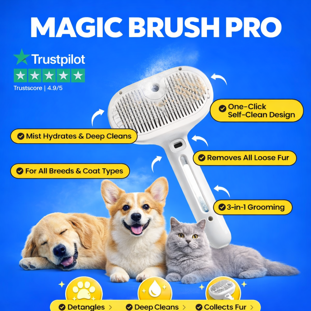 Magic Brush Pro with features highlighted on a blue background featuring dogs and a cat.