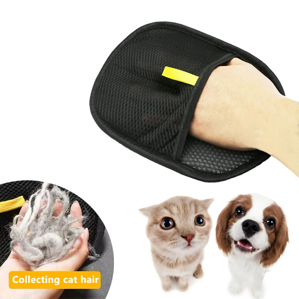 Pet grooming glove with a hand wearing it, showing cat hair collection, and two pets on a white background.