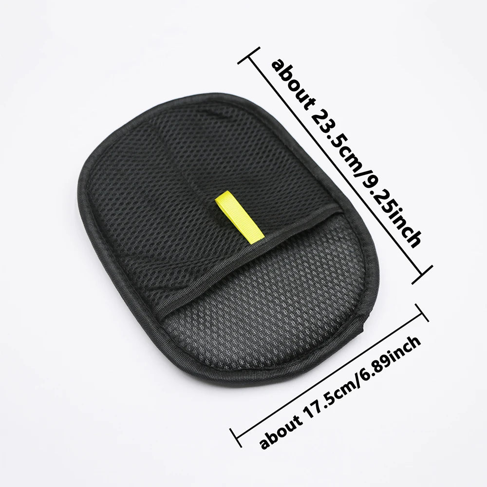Black mesh pouch with yellow label and measurements on a white background