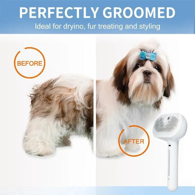 Dog before and after grooming with a hair dryer, text 'Perfectly Groomed' and 'Ideal for drying, fur treating and styling'.