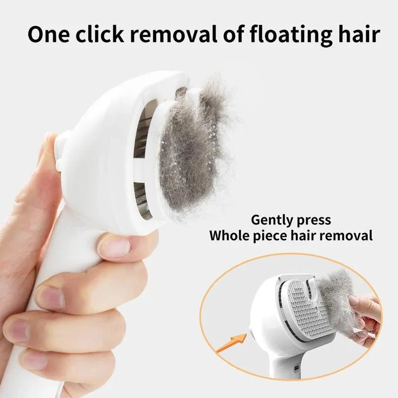 Hair removal device with hair being removed, labeled 'One click removal of floating hair'.