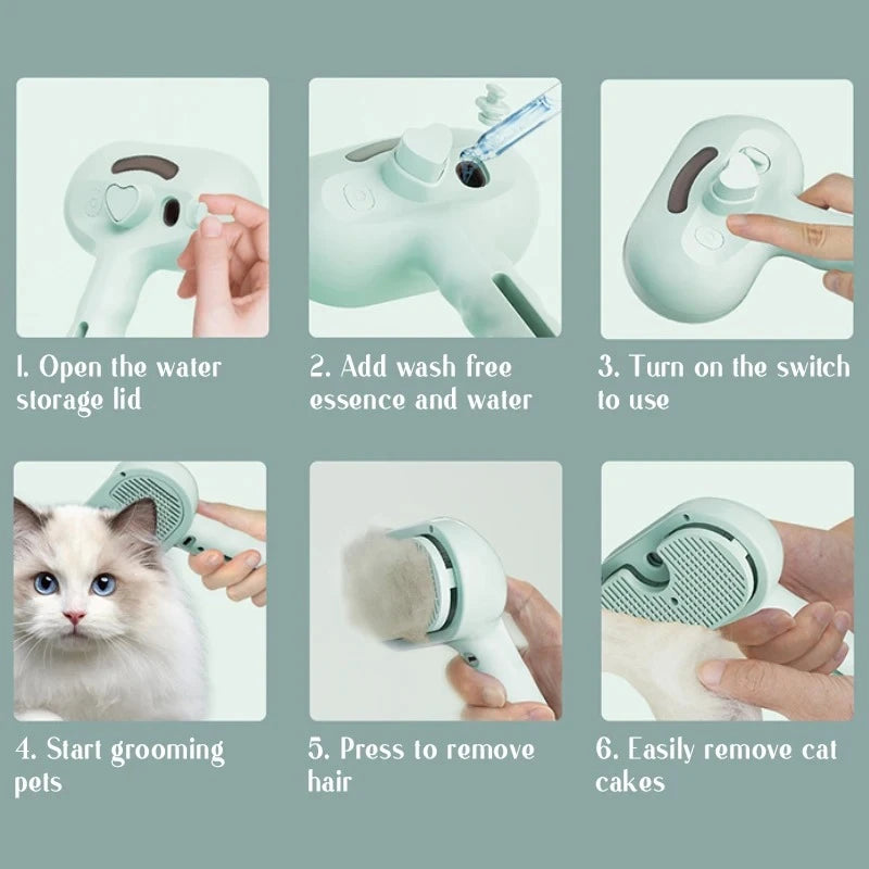 Step-by-step guide on how to use a pet grooming tool with images and text instructions.