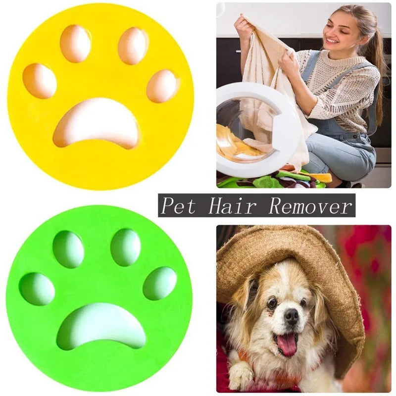 Two paw-shaped pet hair removers, a person cleaning clothes, and a dog wearing a hat.