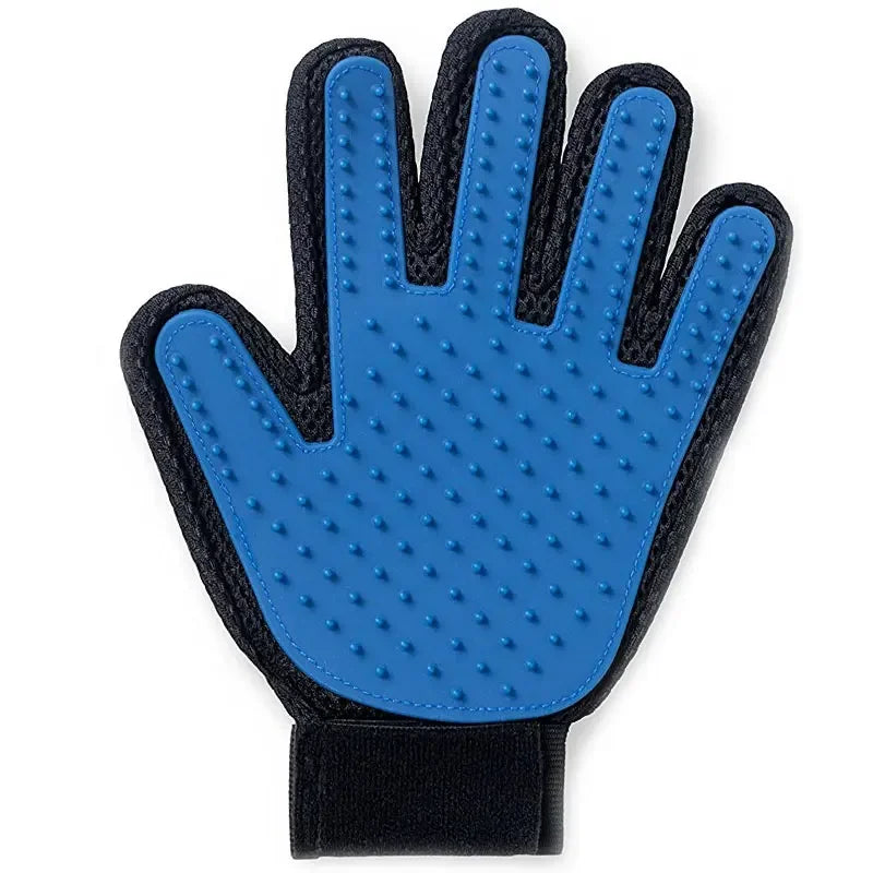 Blue grooming glove with black accents on a white background