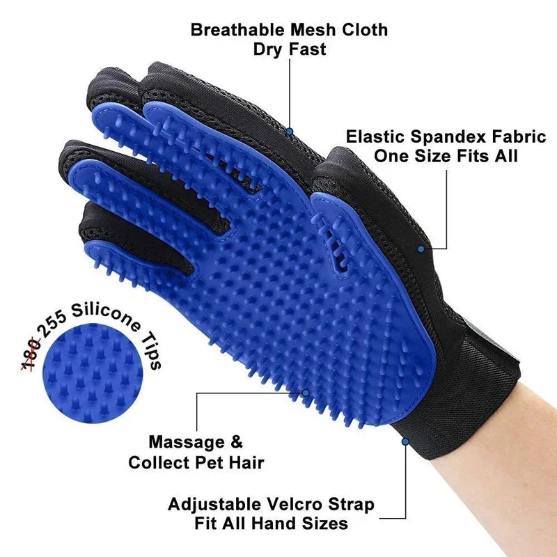 Blue grooming glove with text highlighting features on a white background
