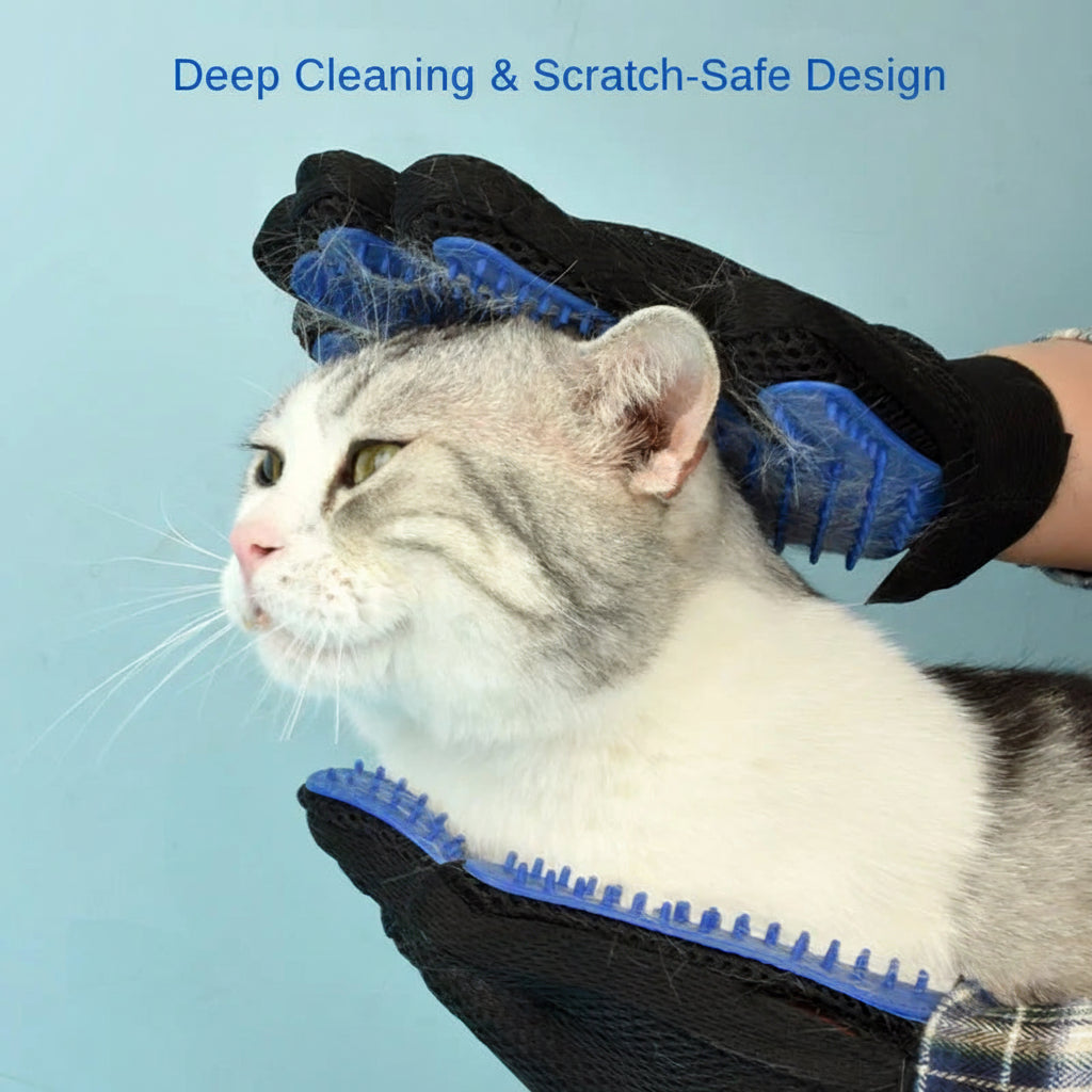 Cat being groomed with a blue grooming glove on a light blue background
