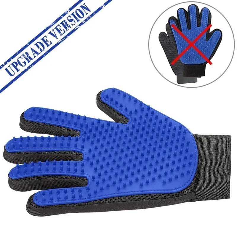 Blue grooming glove with black accents on a white background, labeled 'Upgrade Version'.